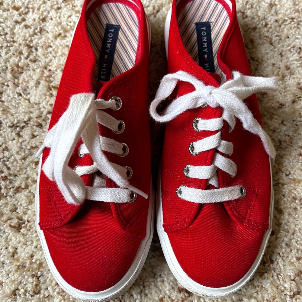 Red and White Tommy Hilfiger Slip On Tennis